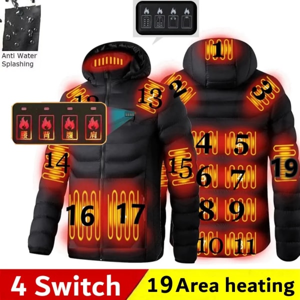 Män 19 Områden Uppvärmd Jacka USB Vinter Utomhus Elvärme Jackor Warm Sprots Thermal Coat Kläder Uppvärmningsbar bomullsjacka 19 Areas Black Asian size M