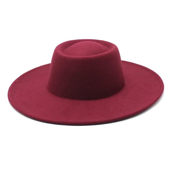 Klassisk brittisk stil 9,5 cm stor bred brättad Fedora-hatt för kvinnor mode höst vinter filt kyrkhattar Bröllopsklänning Cap Red wine 57-59CM