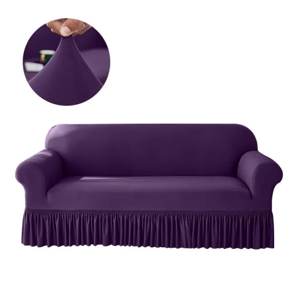 Högstretch enfärgad cover för vardagsrum Spandex cover med kjol Dammtät Halkfri soffa Överdrag Hem Purple 4 seat  235-300cm