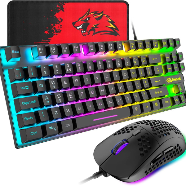 Brittisk mekanisk känsla TKL 80 % lysande tangentbord+6400 DPI Ultralätt honeycomb RGB bakgrundsbelyst PC-spelmus 6 programmerbara knappar+musmatta set Black
