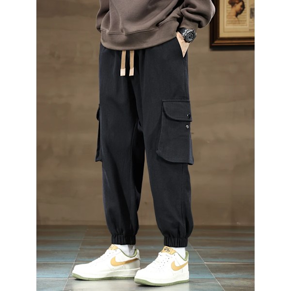 Stora Storlek Mäns Jogger Lastbyxor 8Xl 7Xl 6Xl Streetwear Tvättade Bomull Casual Baggy Byxor Fast Färg Låsbyxor Män black 7XL(42)