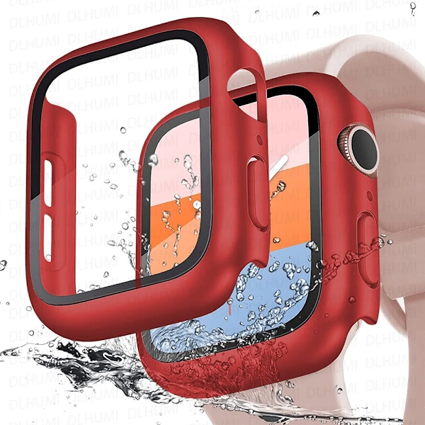 Hærdet Glas+cover til Apple Watch 41mm 45mm 44mm 40mm 42mm 38mm PC-bumper Skærmbeskytter Etui iWatch serie 6 5 4 se 7 8 9 Red Series 7 8 9 45MM