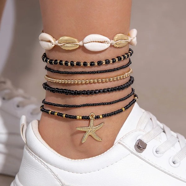 Bohemian Rice Pärlor Stretch Charm Ankel Set För Kvinnor Sea Star Shell Hjärta Ankel Armband På Benfot Kedja Kvinnlig E Smycken På Strand AK24Y0031-2