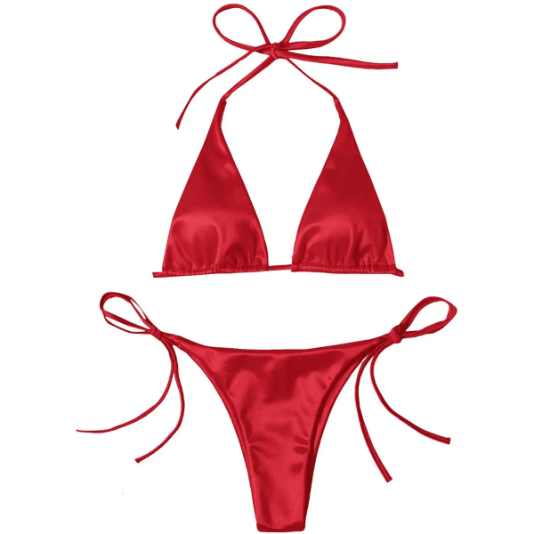 Sexig metallisk grimstopp för damer Tvådelad baddräkt slips sidotriangel Bikini Solid sommar baddräkt Beachwear Set Red L