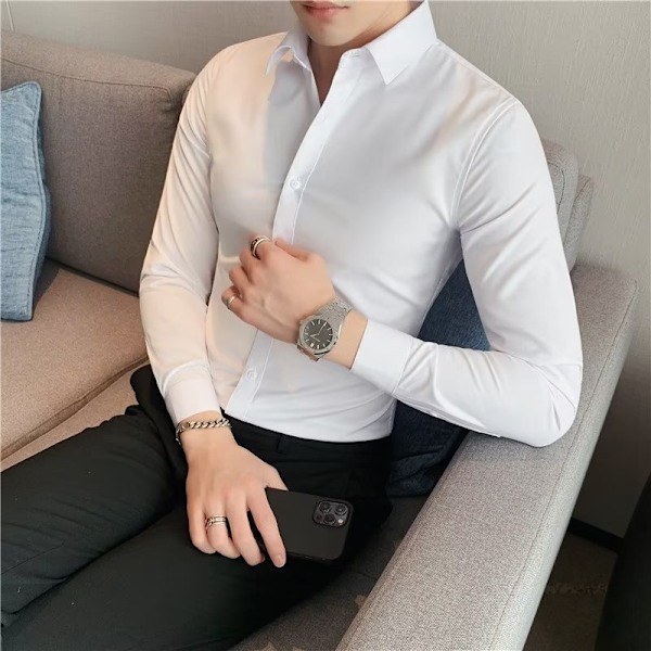 Mäns Tröja Lång Ärm Sommar Slim Fit Stretch Business 2023 Nya Mäns Kostym Skjorta Black Long Sleeve XXL