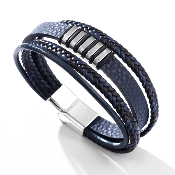 Moderiktigt armband, handgjort vävt kors för män, svart och vitt fotbollsläderarmband, armband med magnetiskt spänne i legering Striped Blue 21cm