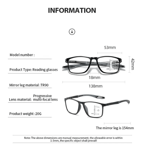 Multifokala progressiva läsglasögon Kvinnor Män TR90 Båge Anti Blue Light Sport Bifocal Presbyopia Glasögon med dioptri multifocal-blackgray