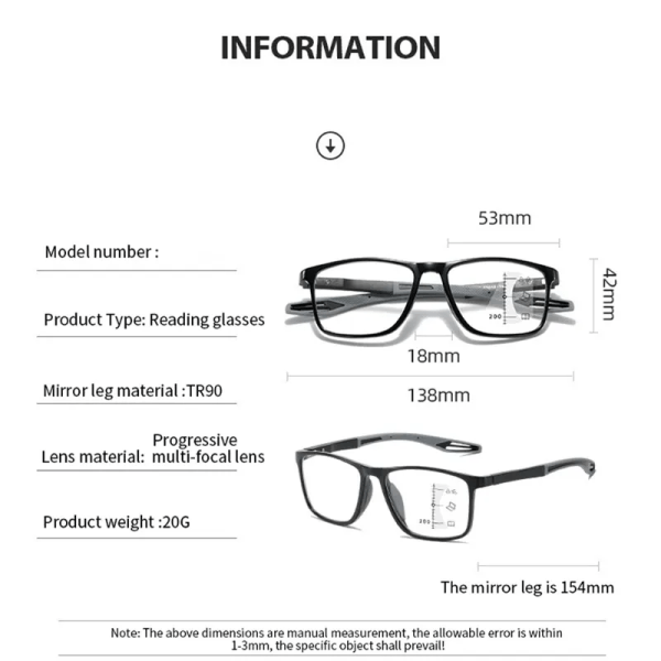 Multifokala progressiva läsglasögon Kvinnor Män TR90 Båge Anti Blue Light Sport Bifocal Presbyopia Glasögon med dioptri single-blackgray