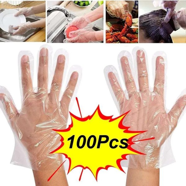 100 st Engångshandskar Plasthandskar Transparenta miljövänliga rengöringshandskar för DIY-matlagning Kökstillbehör