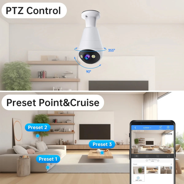 3MP PTZ IP-kamera E27 Bulb WiFi-kamera Tvåvägsljud Färg Natt Autospårning Hemsäkerhetskamera Videoövervakning 3MP Add 64G Card