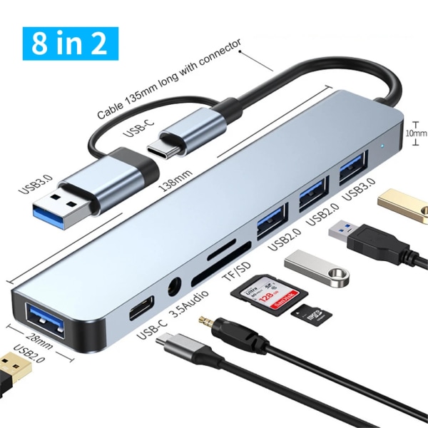 Concentrator USB A Type C, Station d'accueil, Multi Adaptateur, Lecteur de carte SD TF, Audio, Multi-hub S6 Splitter för MacPleAir PC 8 in 2 Gray CHINA
