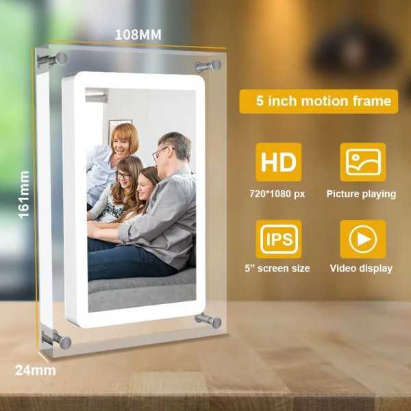 Cut Gift Akryl Digital fotoram 5 tum IPS-skärm 1000amh Batteri 2G Minne Volymknapp stöder videobilduppspelning Clear