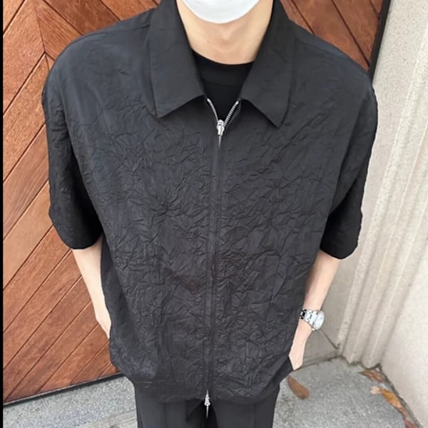 Dubbel Blixtlås Kortärmad Skjorta För Män Lös Casual Jacquard Tröja För Tonåringar Vacker Koreansk Version Av Jacken Vårhöst. Black XXL