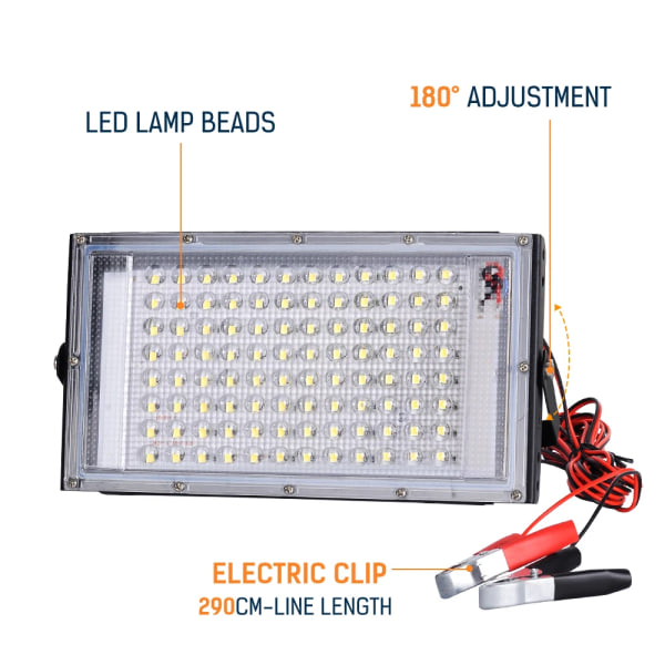 Bärbar LED strålkastare 50W 100W DC12V Elektrisk Clip Laddare LED utomhusspotlight Nödlampa För Camping Vandring Arbeta 100W DC12V 6500K