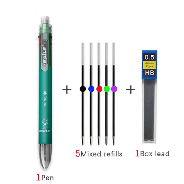6 i 1 flerfärgade kulspetspennor 5 färger kulspetspenna 1 automatisk penna med suddgummi för skolans kontorsskrivmaterial Brevpapper green set