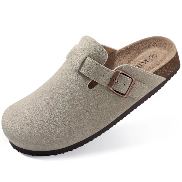 Crestar Trendy Clogs för kvinnor och män, unisex mocka kork fotbädd hem tofflor med fotvalvsstöd, mode läder potatis skor suede-Grey 46