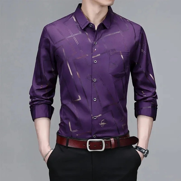 Casual och moderiktig långärmad printed skjorta för män, icke-stryknings- och rynkbeständig affärstopp PURPLE XXL