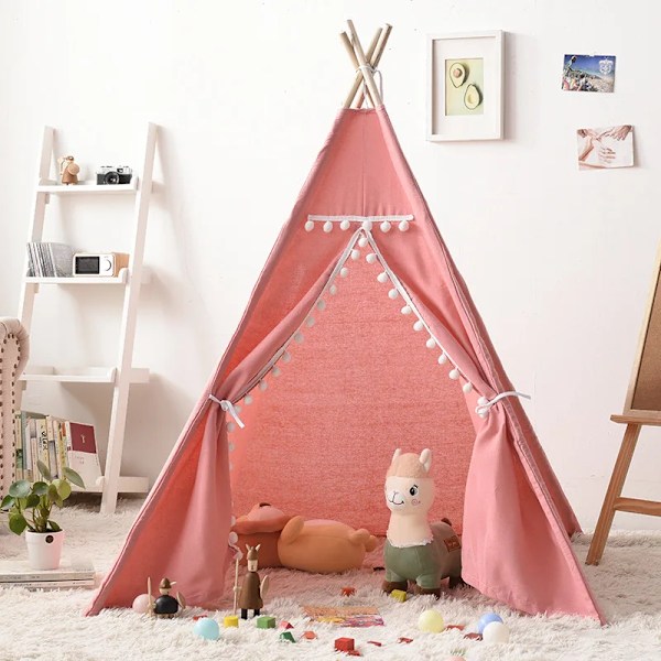 Bärbara Barn Tält Tipi Lek Hus Kids Bomull Canvas Indisk Lek Tält Wigwam Child Little Beach Teepee Festrum De Kort pink tent