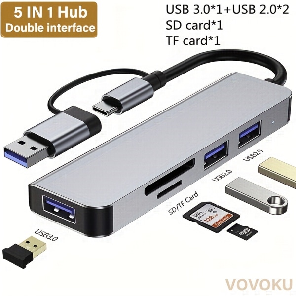 5-i-1 USB hubb: One Drag, 3.0-portar, Type-C Splitter & USB -förlängning för datorer och bärbara datorer 5-i-1 USB C Multiport Adapter med 100W PD, USB 2.0 3.0