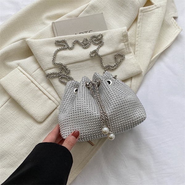 Diamond-Embedded Drawstring Bucket Bag For Women 2023 New Light Diamond Rhinestone Over Diamond Bag Hot High-Grade Chain Shoulder Bag White