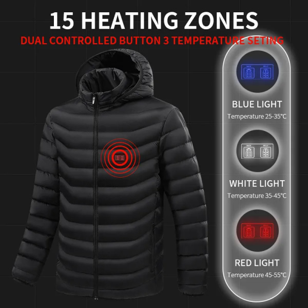 Uppvärmd jacka män kvinnor vinter varm USB uppvärmning jackor kappa smart termostat uppvärmda kläder vattentät varm jackor utomhus 21 Heated Black Asian Size XL