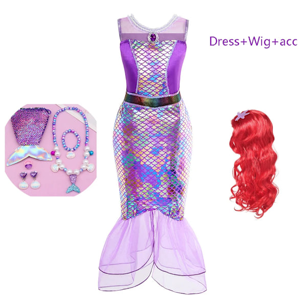 Lille Havfrue Princess Cosplay Sequin Bling Kjole Til Piger Fødselsdagsfest Halloween Børnetøj Kostume dress set 1 4T(120)