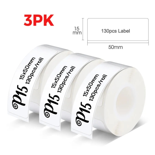 P15 thermal etikettskrivare liknar D11 D110 D101 Mini Label Maker Portable Sticker Etikettmaskin eller 3PK-6PK 12 mm etikettpapper 3PK 15x50mm White