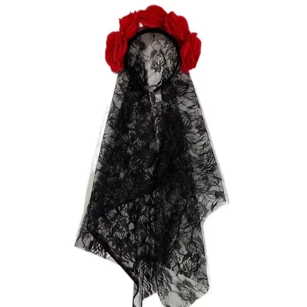 1Pcs Svart Veil Halloween Rose Blommor Huvudband Kostym Cosplay Bröllop Mexikanska Rosen Blommor Kronan Huvudbands Dagen Av Den Döda Partiet Black And Red One Size