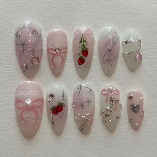 24 stk. Pink Almond Falske Negle Butterfly Ballet med Fransk Design Bærbar Falske Negle Enkle Kunstige Tryk på Negle Tips Kunst 15