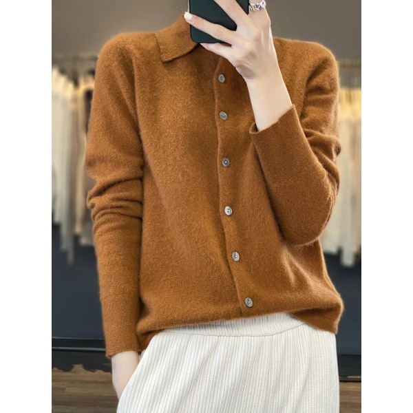 Kvinde Merino Uld Sweater Polo Krave Skræddersyet Cardigan Efterår Vinter Cashmere Cashmere Casual Strik Loose Blød Jakke Bundtop S Gold camel M