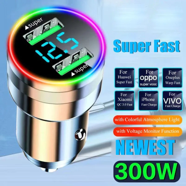 300W Dual Port USB billaddare med LED-ljusspänningsmonitor Supersnabbladdande fordonsadapter för iPhone Samsung Huawei OPPO