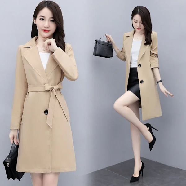 Elegant Loose-Fit Kvinnors Medellängd Trench Coat Fashionable British Style Overcoat HSYP916 Black 3XS