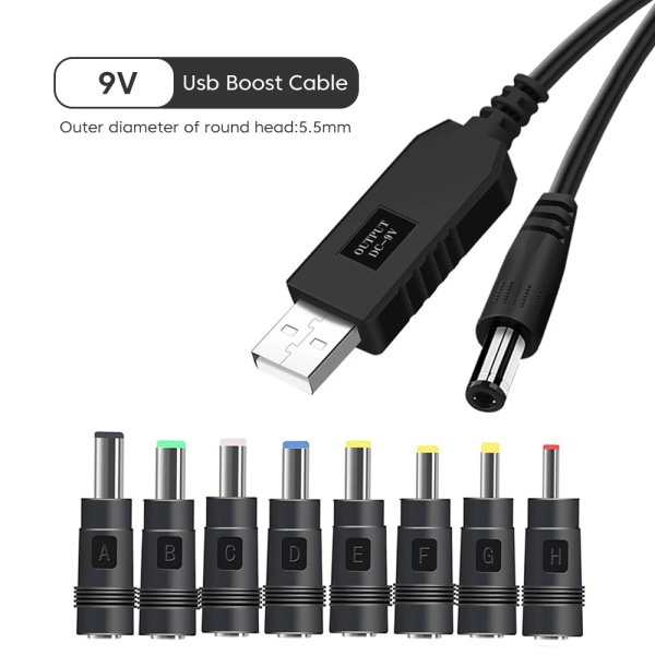 USB till likströmsuttag 5V ​​till 12V USB kabel Power Boost Line Step UP-modul Omvandlare Adaptersladd 2,1x5,5 mm kontakt för wifi-routerhögtalare 9V with 8 plugs