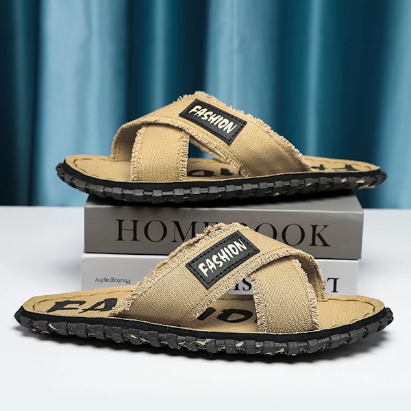 Män Sommaren Canvas Tofflor Mode Tyg Hem Mäns Tofflor Utomhus Gummi Platt Män Sandaler Casual Slides House Floor Toffpare Khaki 42