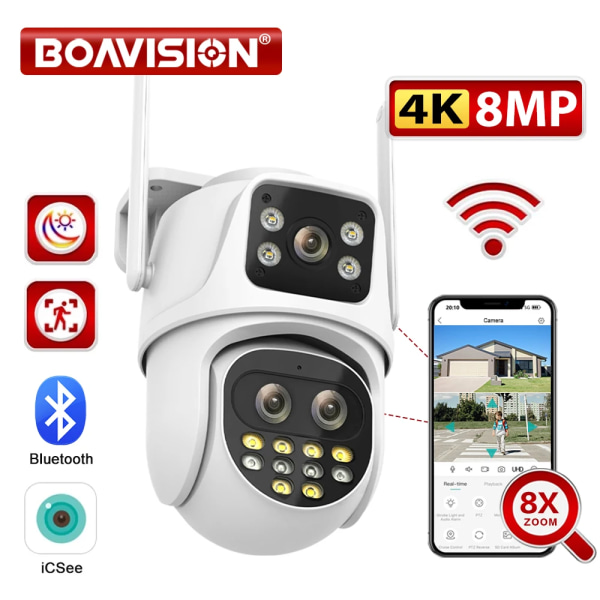 8 MP Dual Screen och Dual Lins Wifi Övervakningskamera Ai Auto Tracking Färg Night Vision Bluetooth Outdoor PTZ-säkerhetskamera EU Plug 8MP Add 64G Card