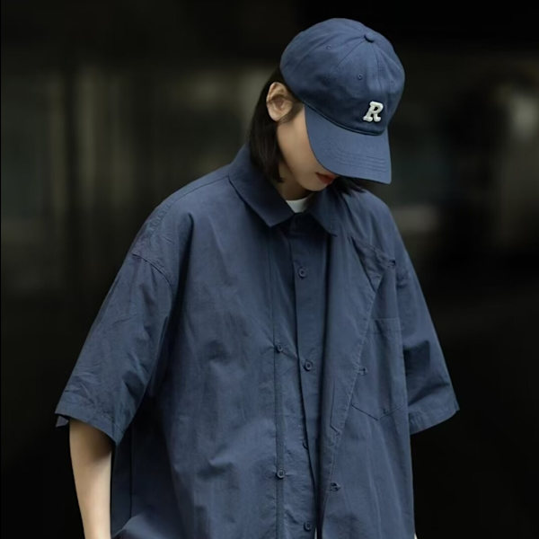 Japansk stil retro grundlæggende stil workwear trøje baby dreng og pige sommer uregelmæssigt design kort ærme skjorte rock mænd ' nytta Navy Blue XXL