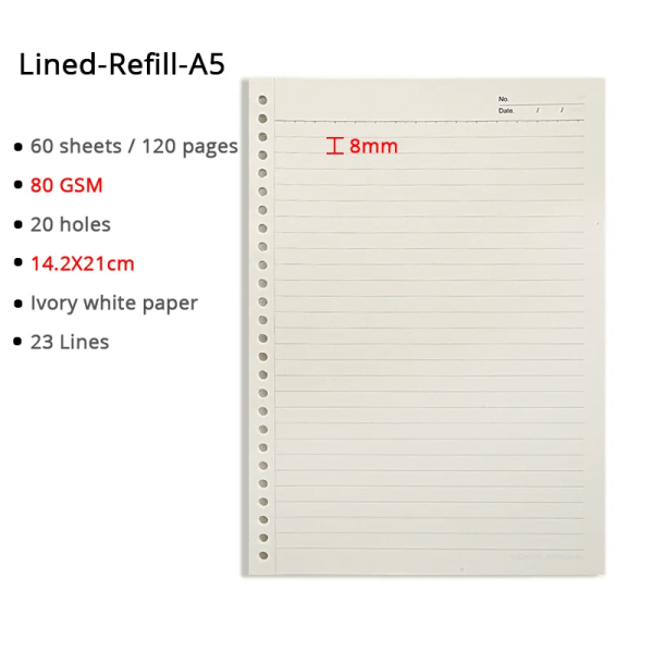 Lösblad anteckningsbok A5/B5/A4 Ringpärm Mejeripapper Refill 60 ark för mapp Skolmaterial Planerare Tillbehör Brevpapper Lined refill A5