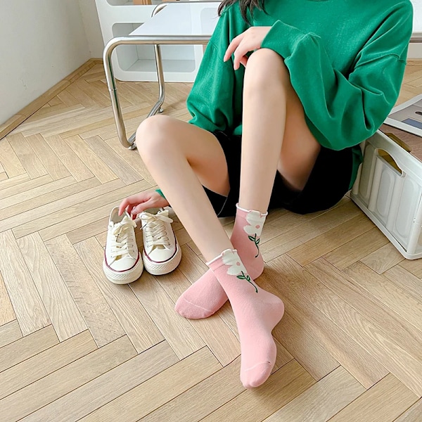 1 Par Kvinde Strømper Japansk Koreansk Stil Tegneserie Blomst Candy Farve Harajuku Kawaii Mid Tube Socks Åndbar Casual Sho Rtstrømper C6 Size Suit For 35-39