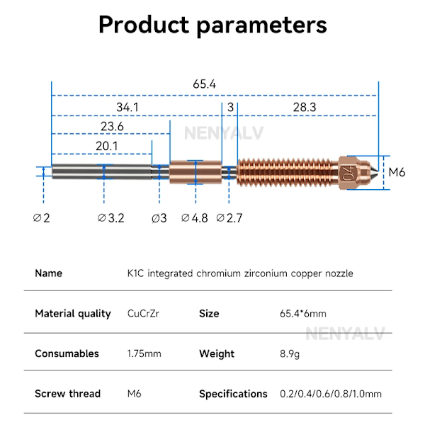 Päivitetty nopea suutin K1 Max K1c Ender-3 V3 3D-tulostimelle luovuuteen K. 1C Suutin 0.2/0,4/0. 6/0,8 mm MIX-4466 0.2mm