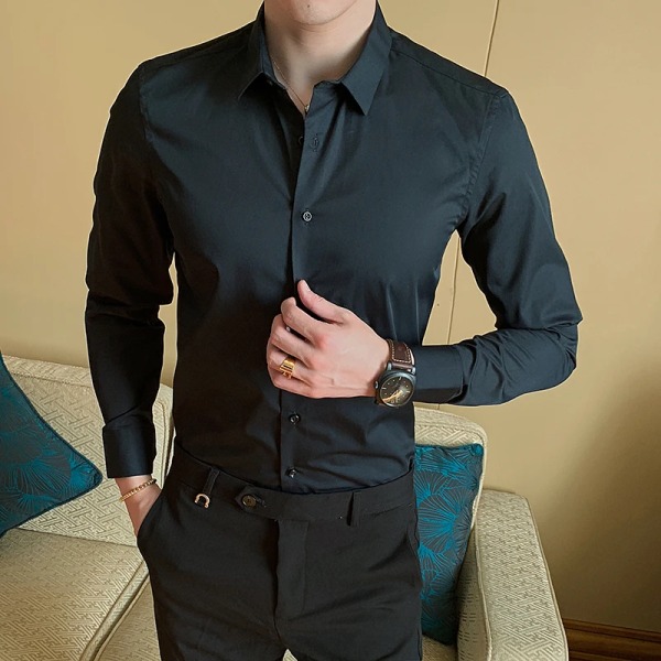 7 färger Herraffärsmode Enfärgad långärmad skjorta Klassisk stil Bomull Casual Vit Slim Fit-skjorta Kontorskläder black L (53-58kg)