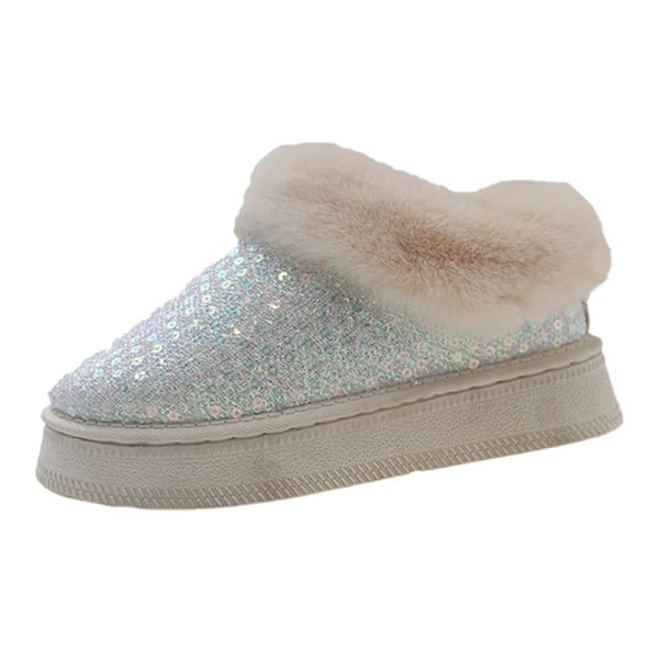 Kvinnors Fluffy Faux Päls Snövlar Glitter Paljetter Slip På Plattform Fotled Stövlar Kvinna Tjock Solen Plush Varm Vinterbotas Mujer Ordförande WHITE 42