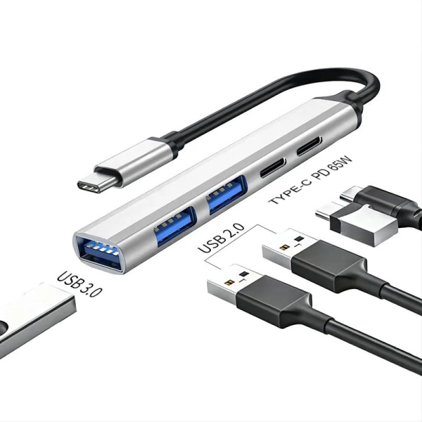 5 in 1/5 in 2 USB C Hub USB 3.0 2.0 PD Splitter 65W Multiport Adapter för macbook Mobile Phone Extender 5 in 1 silver