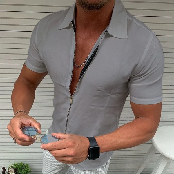Lätta företagskontor för män Casual Kortärmad skjorta med dragkedja Slim Fit Enfärgad kavajkofta Mode Toppar Gray XXL