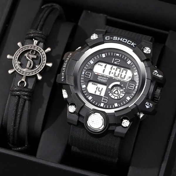 Mode Herr Digitala Elektroniska Sportklockor Herr Läderarmband Armbandsur Date Lyx Herr Business Casual Watch Black Black