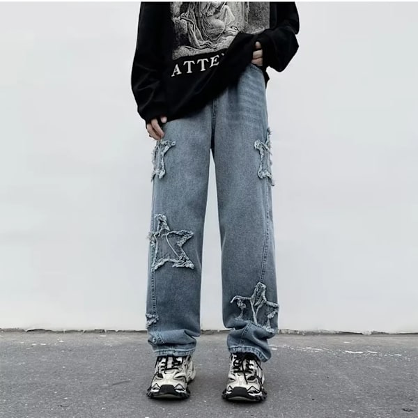 Nye Mode Stjerner Håndklæde Broderi Baggy Mænd Jeans Bukser Y2k Tøj Lige Hofte Hop Bomuld Bukser Pantalon Homme Mens Jeans. 1042black XL