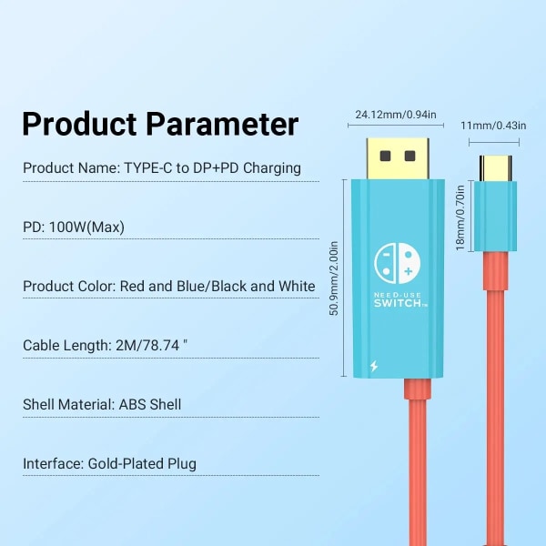 Adapter för omvandling av typ C mot Displayport, ladda ner läget Switch TV S6, Nintendo Switch, OLED, Steam Deck, ASUS, Surface, 8K Vert foncé