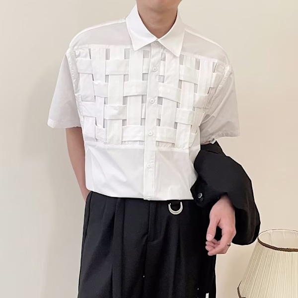 Vävda Kortärmade Skjorta Mäns Koreanska-Stil Trendy Handsome Skjorta Mäns Niche Design Tröja Pojkvänen Sommartunn Black XXL