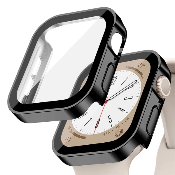 Glas+ cover För Apple Watch case serie 8 7 6 5 4 se 44mm 45mm 41mm 40mm PC Vattentät skärmskydd apple watch Tillbehör Black 11 Series 7-8 41mm