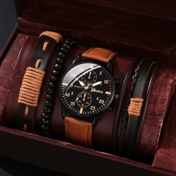 4/2/1 st Herr Sportklockor Set Man Business Quartz Armbandsur Lyxigt brunt läderarmband Herr Casual Clock Watch（ingen box） Brown White