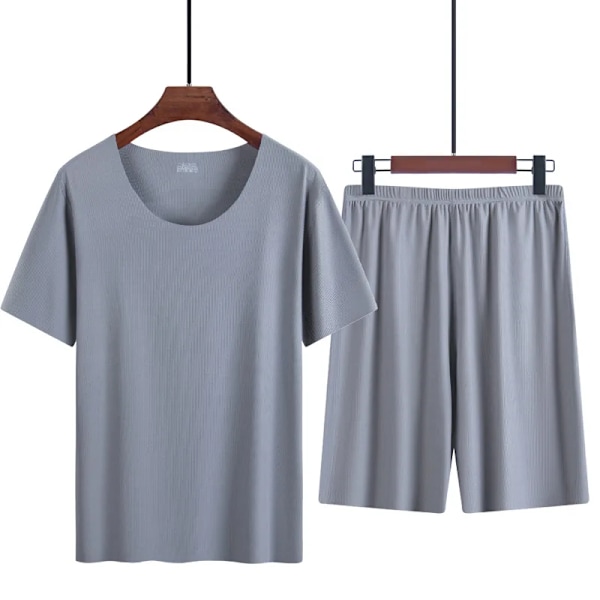 Sommaren Mäns Pyjamas Kostym Tunn Ice Home Kläder Traceless Kort Ärm Shorts Mäns Rund Hals Casual Casuale Sommarkläder GRAY XL